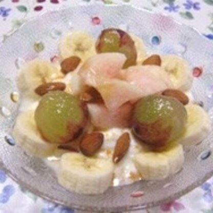 mimiさんこんばんは～♪梨の季節になりましたね♪桃と葡萄で代用。ヨーグルトにフルーツ毎日食べたも飽きない組合せですね♪
美味しかった～( ◠‿◠ )